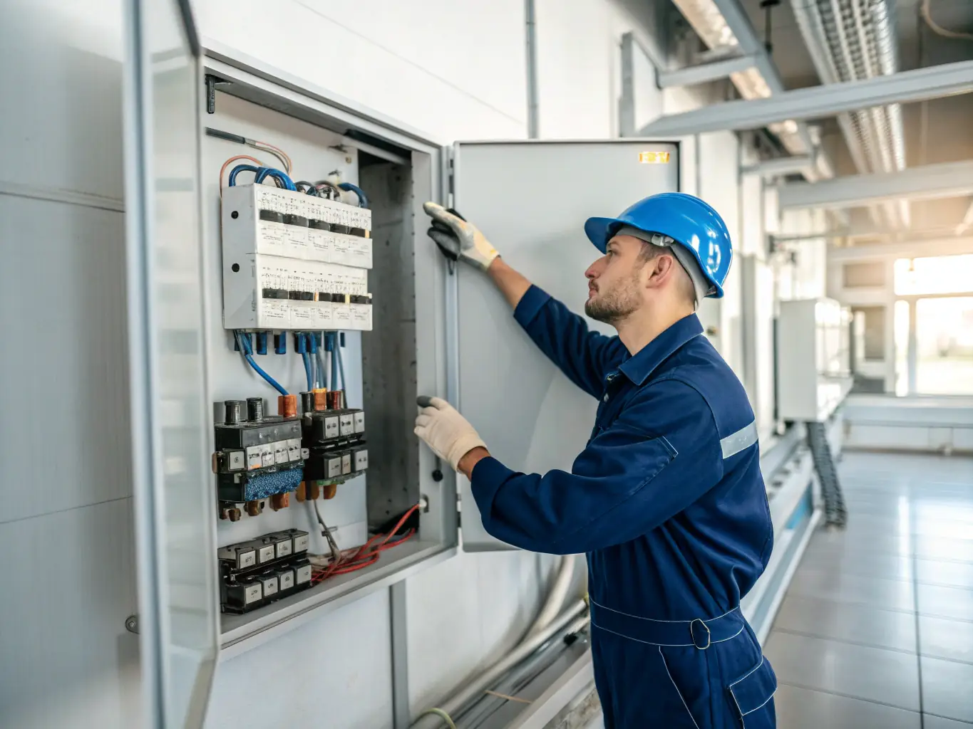 An industrial electrician working on electrical systems in a factory, wearing safety gear and using specialized tools, with a focus on safety and precision.