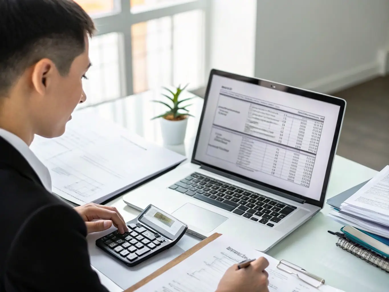 A professional finance expert working on a computer in a modern office setting, reviewing financial documents and spreadsheets, with a focus on accuracy and attention to detail.