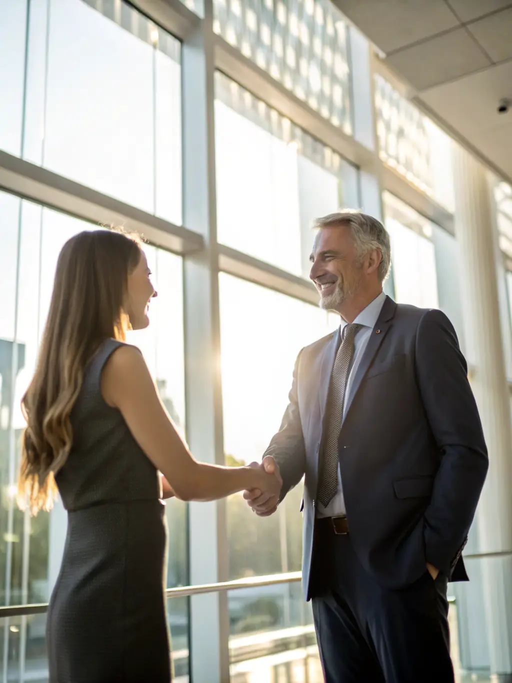A friendly and professional recruiter offering a handshake to a candidate in a modern office setting, symbolizing trust and partnership.