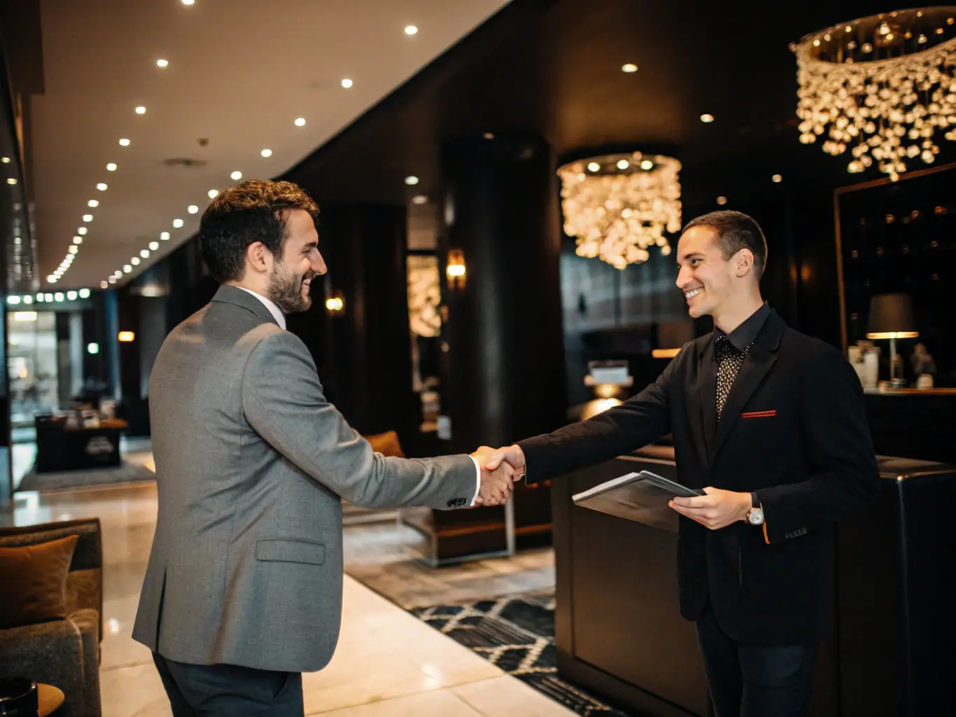 A recruiter is celebrating a successful placement with a client and a newly hired employee, highlighting the long-term support and partnership.