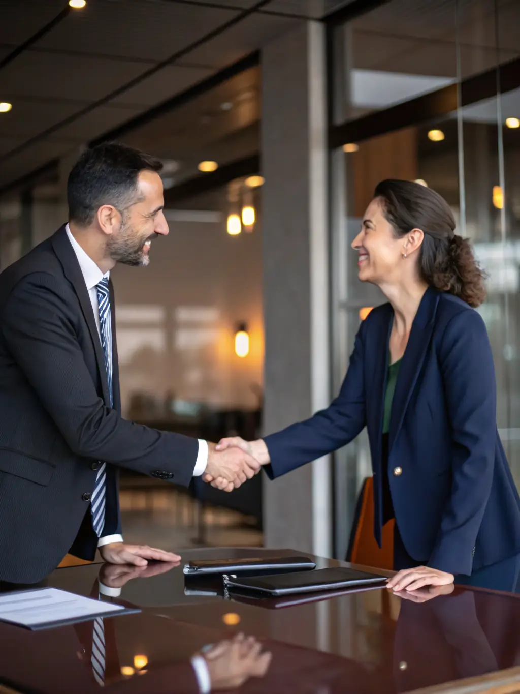 A silhouette of two people shaking hands, symbolizing a confidential agreement and a discreet process.