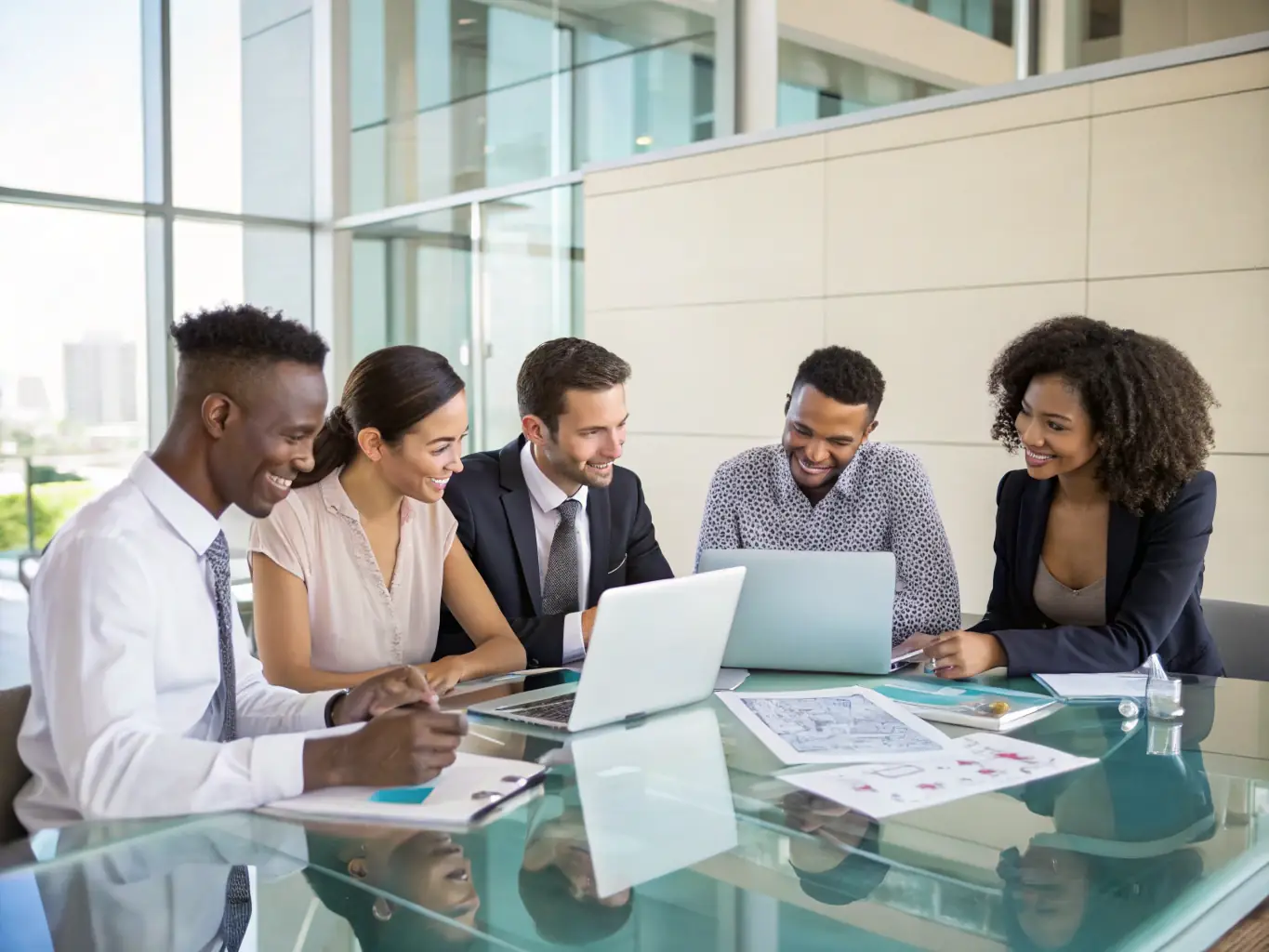 A diverse group of candidates in a modern office, representing the talent pool that the recruiting agency can provide to companies.