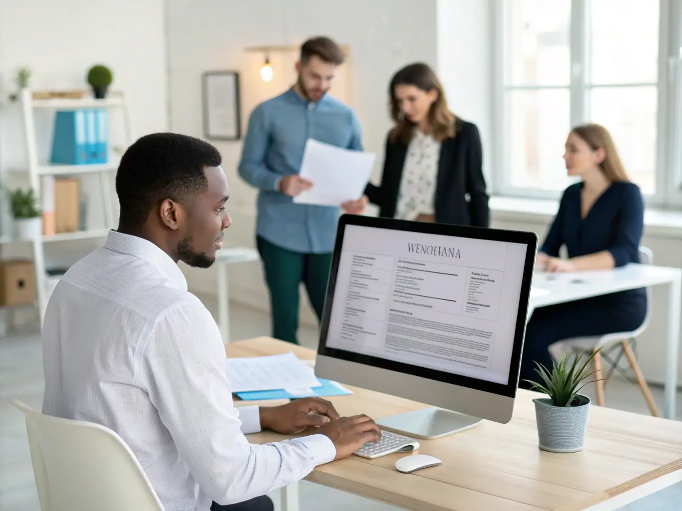 A diverse group of candidates is being interviewed by a recruiter, showcasing the matching of skills and personalities to the company's needs.