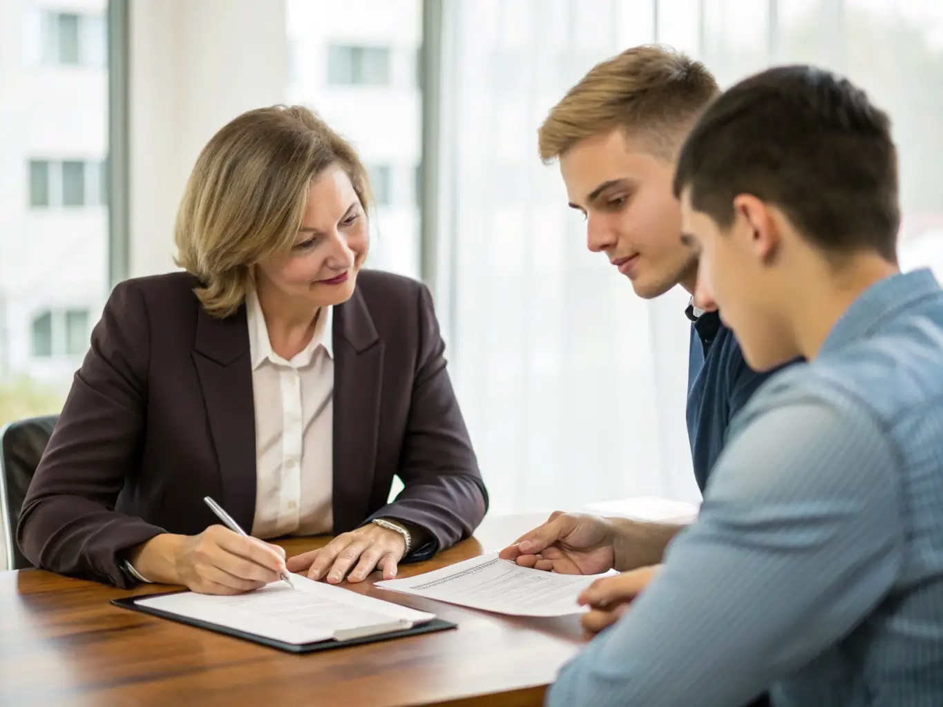 A professional recruiter is conducting a detailed consultation with a client, discussing their hiring needs and company culture in a modern office setting.